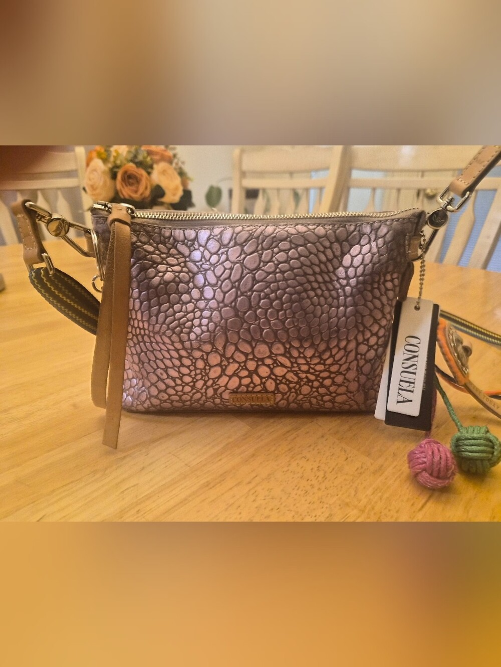 Consuela MIDTOWN Metallic Lilac Croc-Embossed Crossbody with Multicolor Tassel